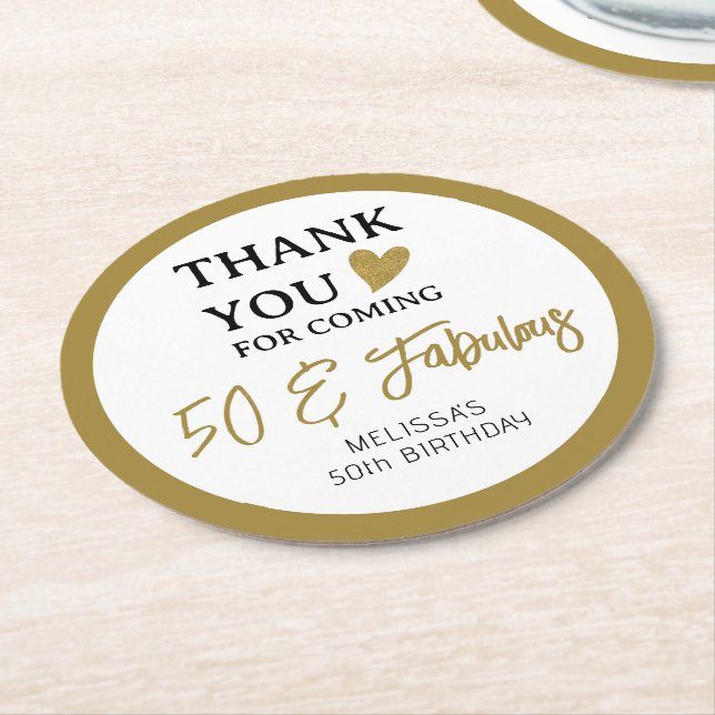 50th Birthday Party 50 & Fabulous Thank You Favour Round Paper Coaster (Angled)