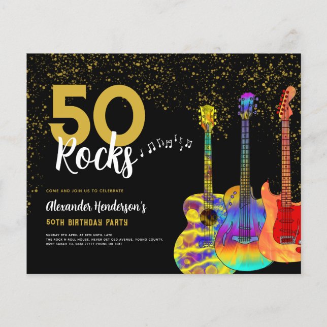 50th Birthday Party 50 Rocks Gold Glitter Budget Flyer (Front)