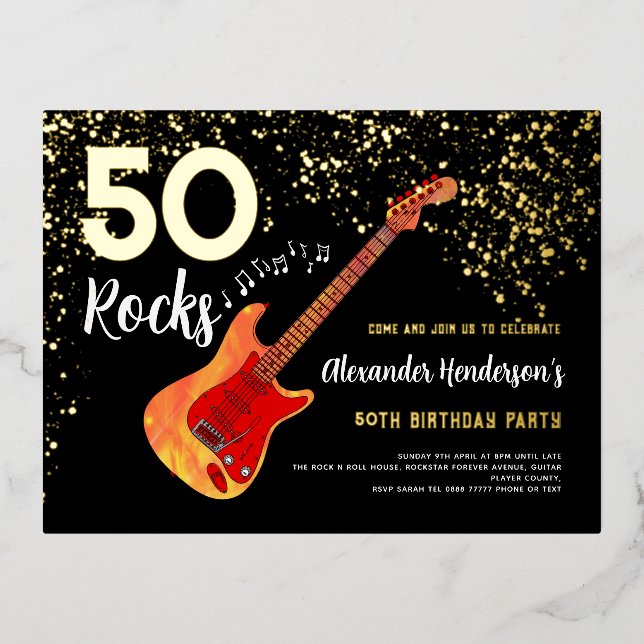 50th Birthday Party 50 Rocks Gold Glitter Foil Invitation Postcard (Front)