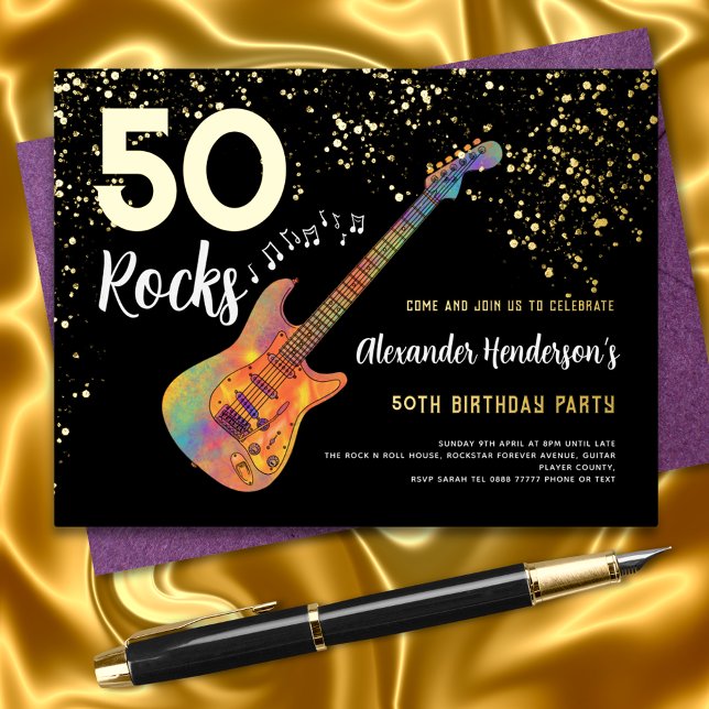 50th Birthday Party 50 Rocks Gold Glitter Foil Invitation Postcard (50 rocks black and gold foil funky guitar 50th birthday party invitation)