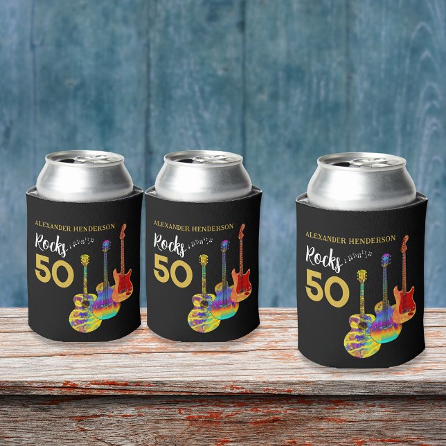 50th Birthday Party 50 Rocks Personalised  Can Cooler (Rock and roll 50th birthday party for him funky guitar gold and black personalized can cooler)