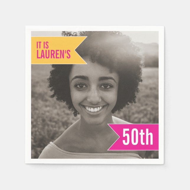 50th birthday party add your own photo pink yellow napkin (Front)