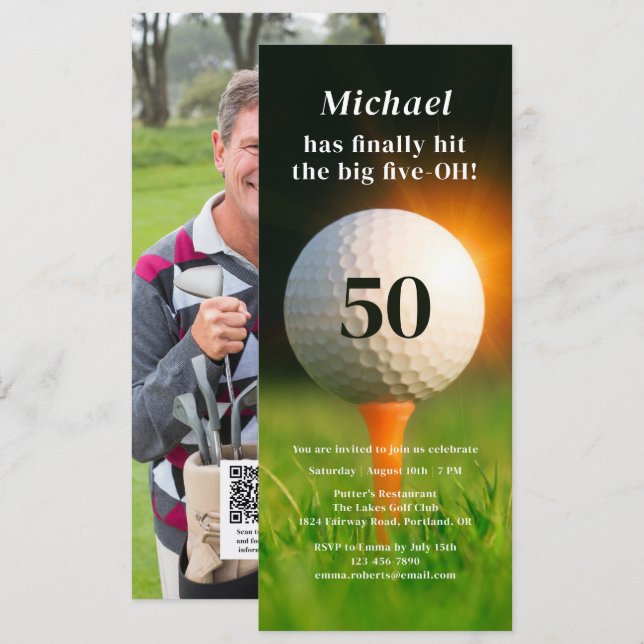 50th Birthday Party Adult Golf Fifty Photo QR Code Invitation (Front/Back)