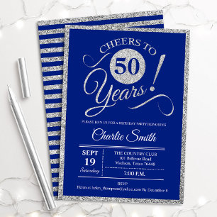 50th Birthday Party - ANY AGE Silver Royal Blue Invitation
