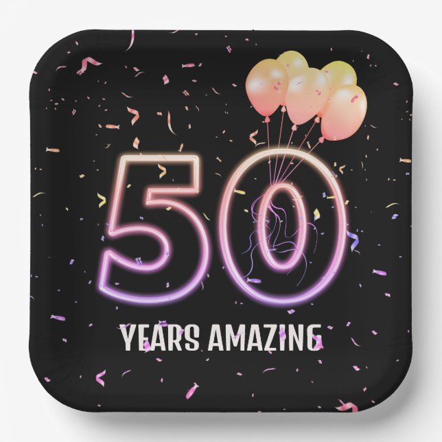 50th Birthday Party Balloons and Confetti Paper Plate (Front)