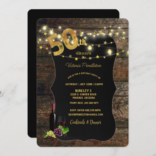 50th Birthday Party, Barn Wood, Lights, Wine Invit Invitation (Front/Back)