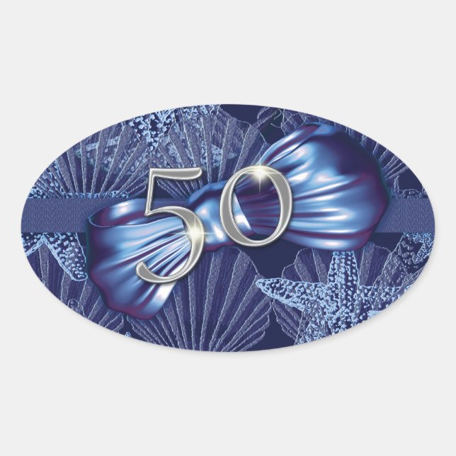 50th birthday party beach celebration oval sticker (Front)
