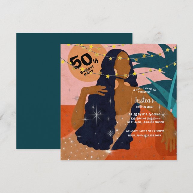 50th Birthday Party Beautiful Lady Palm Leaves Inv Invitation (Front/Back)