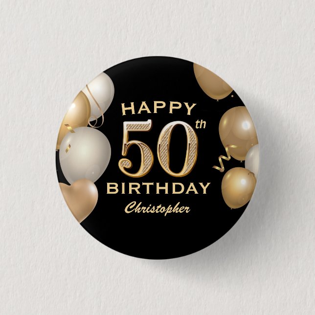 50th Birthday Party Black and Gold Balloons 3 Cm Round Badge (Front)