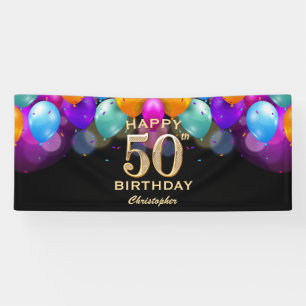 50th Birthday Party Black and Gold Balloons Banner