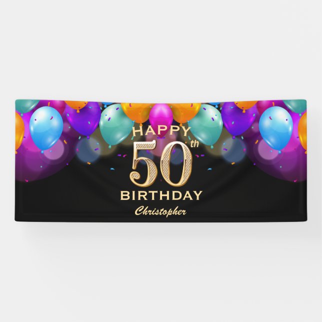 50th Birthday Party Black and Gold Balloons Banner (Horizontal)