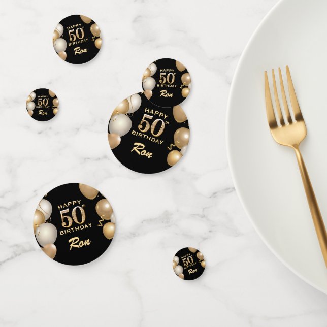 50th Birthday Party Black and Gold Balloons Confetti (Group)