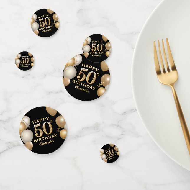50th Birthday Party Black and Gold Balloons Confetti (Group)