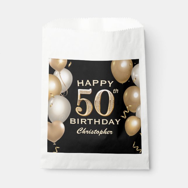 50th Birthday Party Black and Gold Balloons Favour Bags (Front)