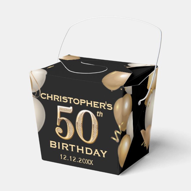 50th Birthday Party Black and Gold Balloons Favour Box (Front Side)