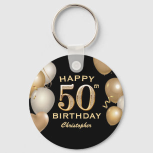50th Birthday Party Black and Gold Balloons Key Ring
