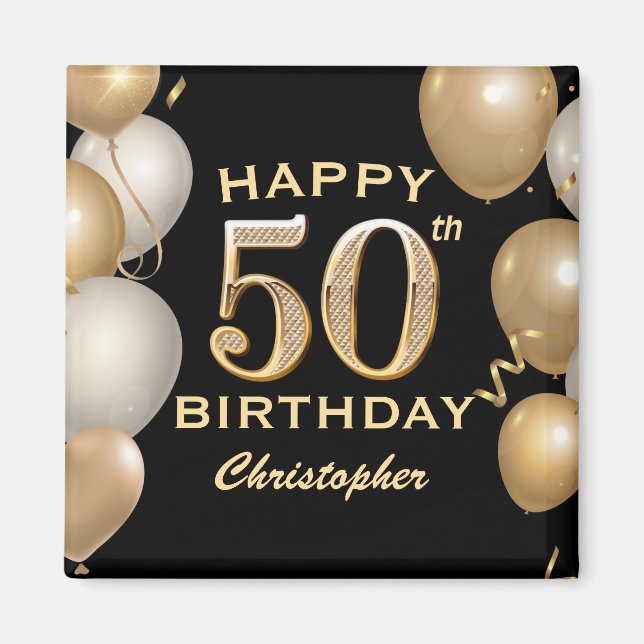 50th Birthday Party Black and Gold Balloons  Magnet (Front)