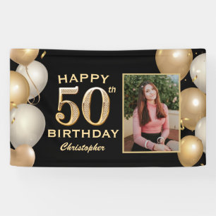 50th Birthday Party Black and Gold Balloons Photo Banner