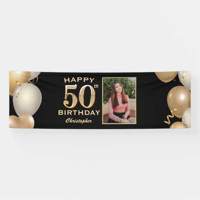 50th Birthday Party Black and Gold Balloons Photo Banner (Horizontal)