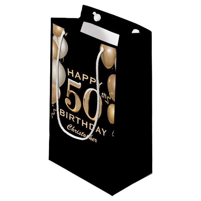 50th Birthday Party Black and Gold Balloons Small Gift Bag (Front Angled)