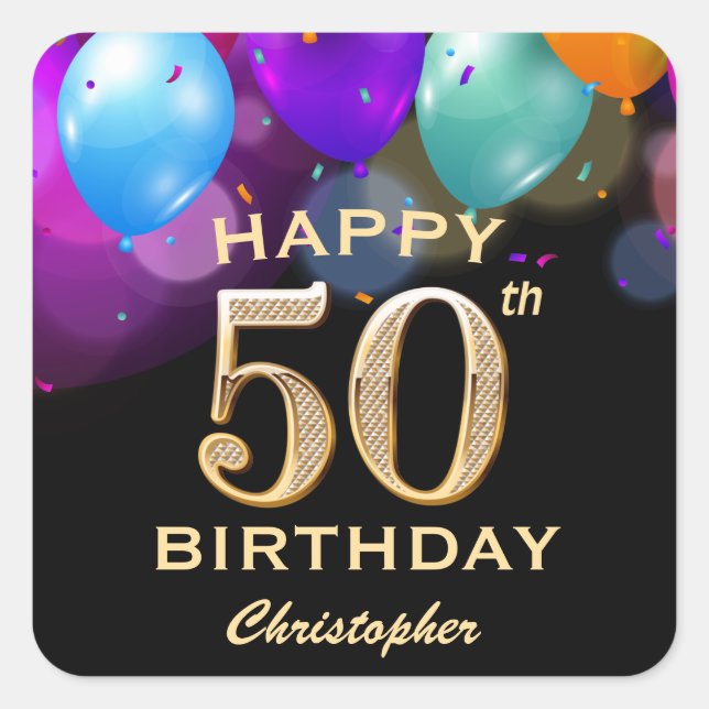 50th Birthday Party Black and Gold Balloons Square Sticker (Front)
