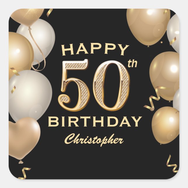 50th Birthday Party Black and Gold Balloons Square Sticker (Front)