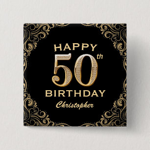 50th Birthday Party Black and Gold Glitter Frame 15 Cm Square Badge