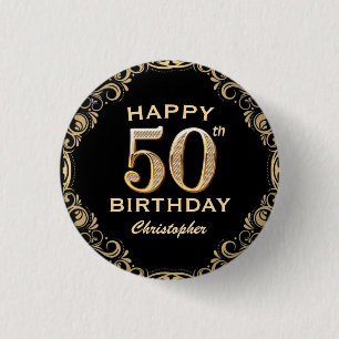 50th Birthday Party Black and Gold Glitter Frame 3 Cm Round Badge
