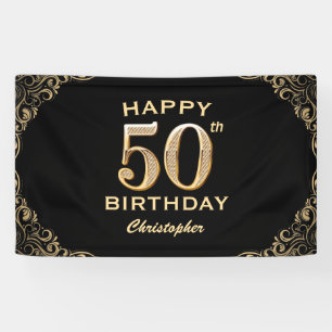 50th Birthday Party Black and Gold Glitter Frame Banner