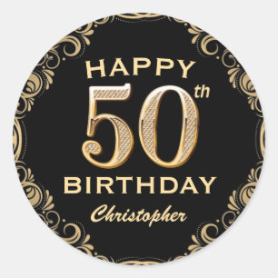 50th Birthday Party Black and Gold Glitter Frame Classic Round Sticker