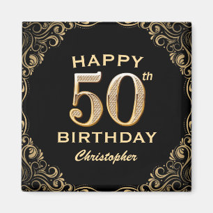 50th Birthday Party Black and Gold Glitter Frame Magnet
