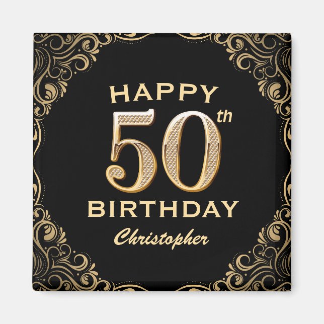 50th Birthday Party Black and Gold Glitter Frame Magnet (Front)