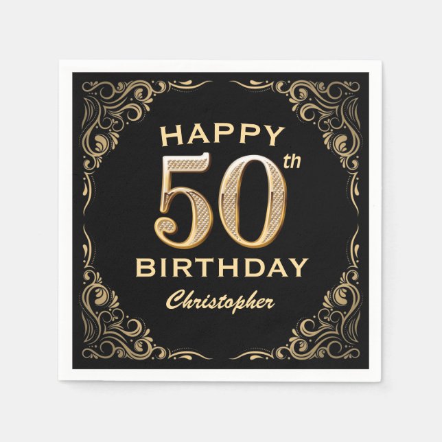 50th Birthday Party Black and Gold Glitter Frame Napkin (Front)