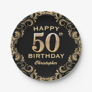 50th Birthday Party Black and Gold Glitter Frame Paper Plate