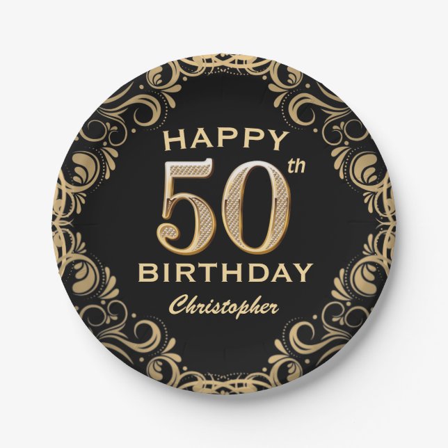 50th Birthday Party Black and Gold Glitter Frame Paper Plate (Front)