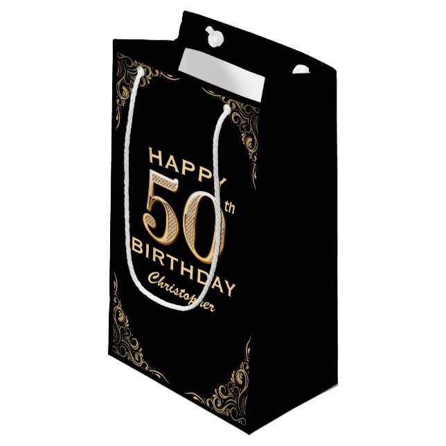 50th Birthday Party Black and Gold Glitter Frame Small Gift Bag (Front Angled)