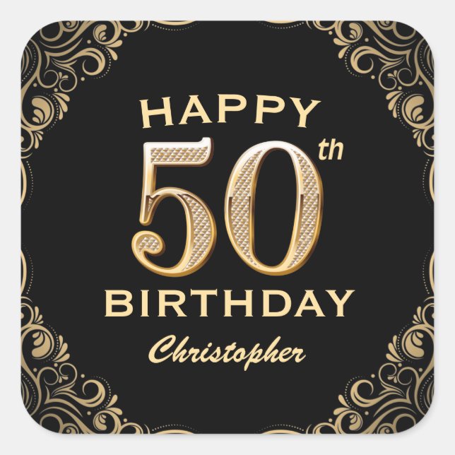 50th Birthday Party Black and Gold Glitter Frame Square Sticker (Front)