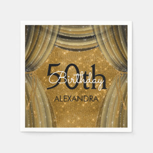 50th Birthday Party Black and Gold Sparkle Napkin