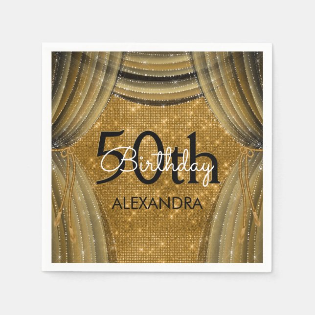 50th Birthday Party Black and Gold Sparkle Napkin (Front)