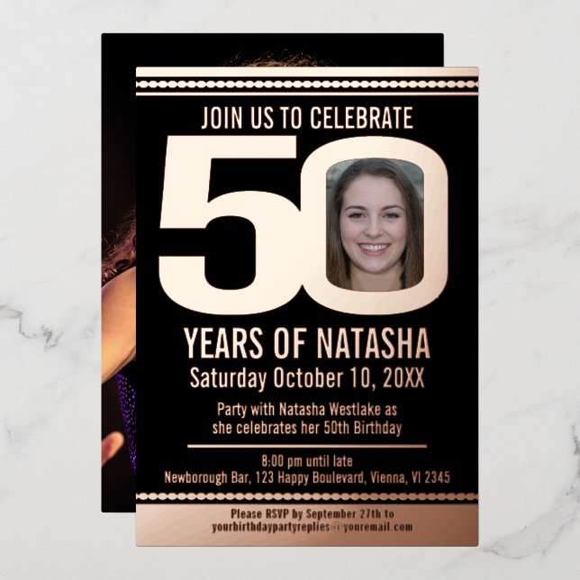 50th Birthday party black and rose gold foil photo (Front/Back)