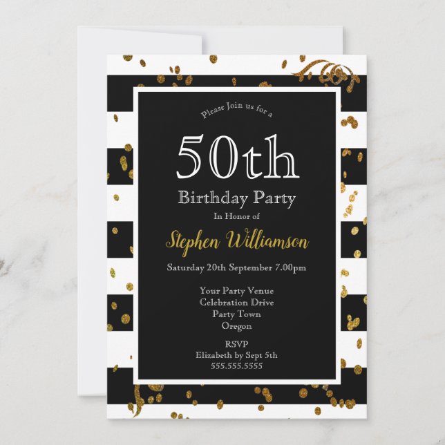 50th Birthday Party Black and White | Gold Glitter Invitation (Front)