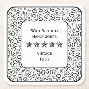 50th Birthday Party Black and White Theme Square Paper Coaster