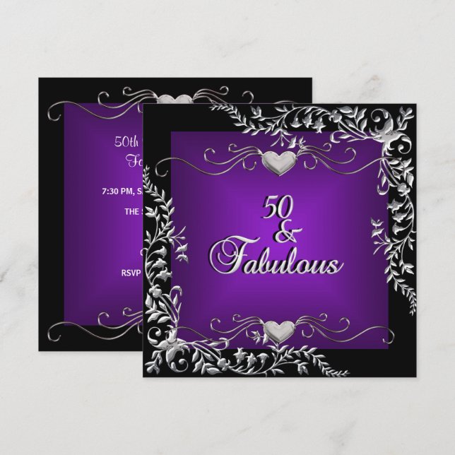 50th Birthday Party Black Bright Deep Purple Big Invitation (Front/Back)