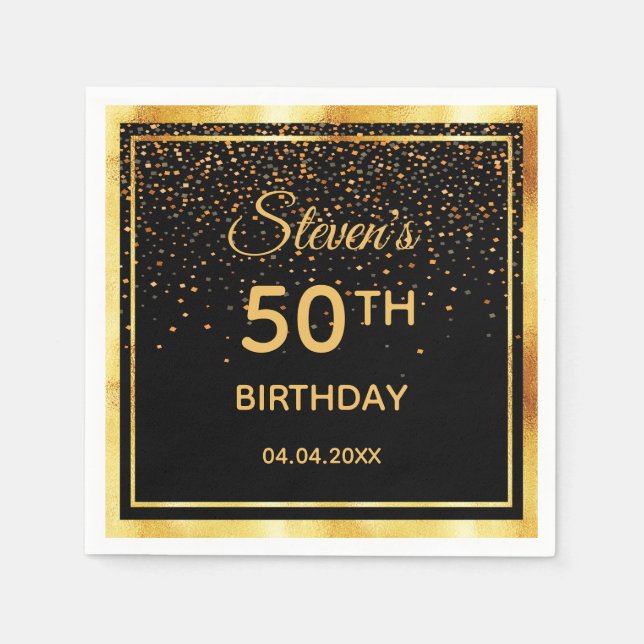 50th birthday party black gold confetti napkin (Front)