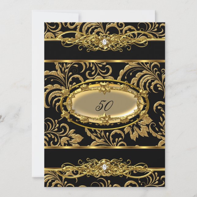 50th Birthday Party Black Gold Damask Floral Invitation (Front)