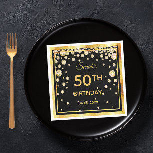 50th birthday party black gold diamonds napkin