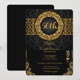 50th Birthday Party Black & Gold Elegant Birthday Invitation