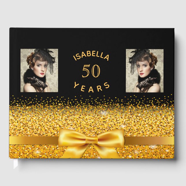 50th birthday party black gold glam photo guest book (Front)