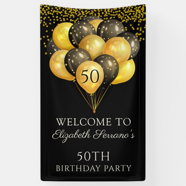50th Birthday Party Black Gold Glitter Banner (Vertical)