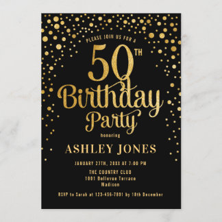 50th Birthday Party - Black & Gold Invitation